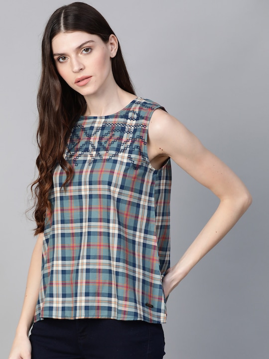 Roadster Women Checked A-Line Pure Cotton Top