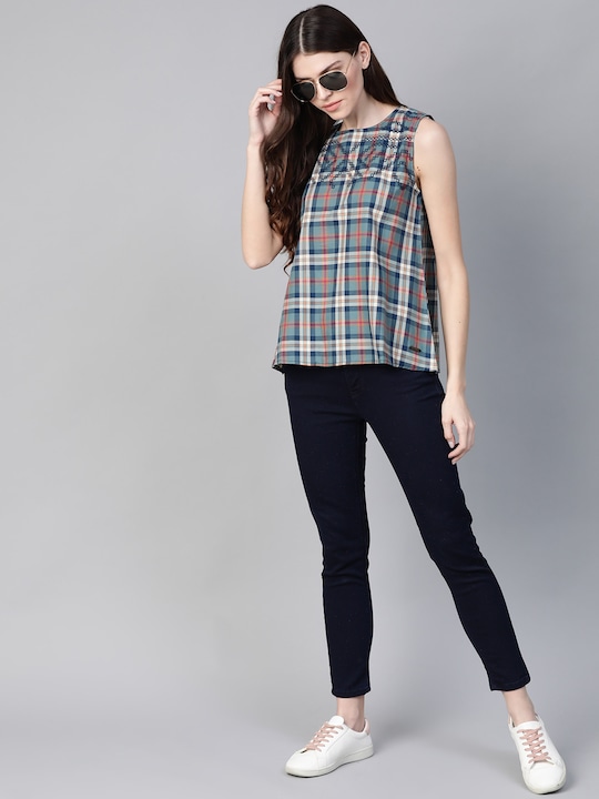 Roadster Women Checked A-Line Pure Cotton Top