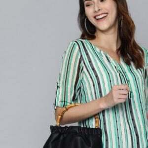 HERE&NOW Women Striped Top With Roll-Up Sleeves