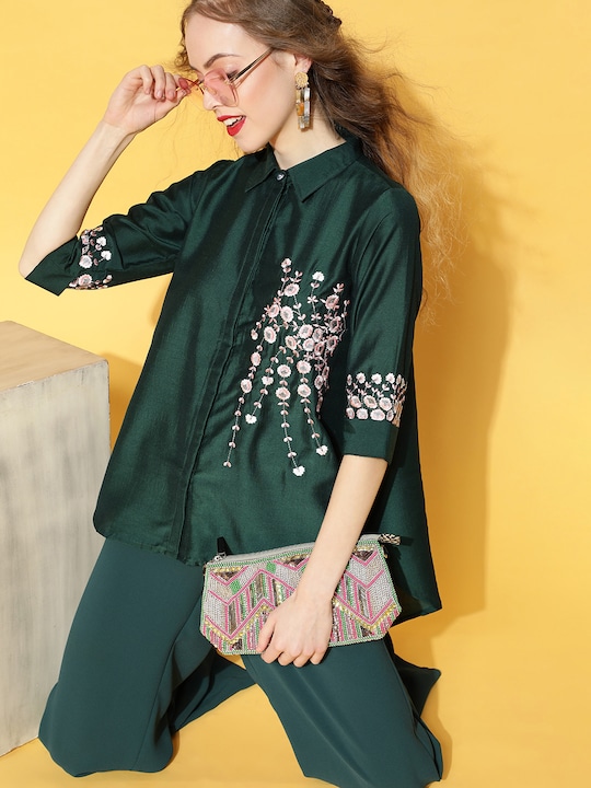 Libas Women Floral Embroidered Opaque Casual Shirt