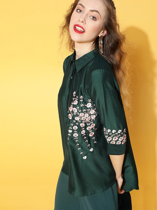 Libas Women Floral Embroidered Opaque Casual Shirt