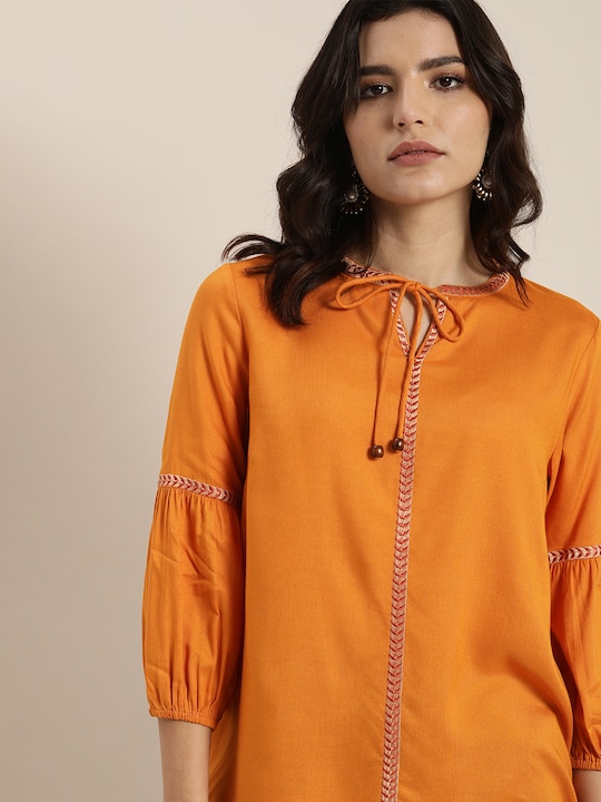 all about you Embroidered Tie-Up Neck Blouson Top