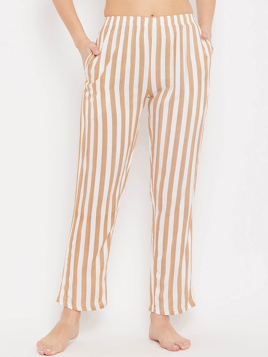 Clovia Women Beige & White Striped Lounge Pants