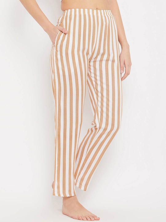 Clovia Women Beige & White Striped Lounge Pants