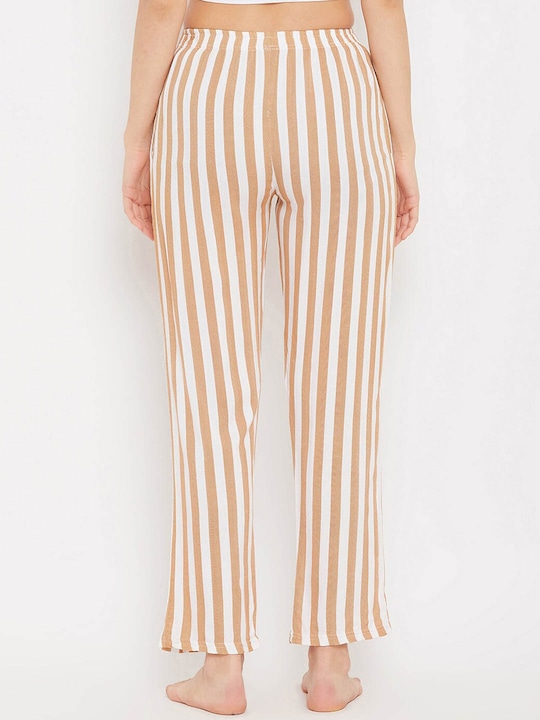 Clovia Women Beige & White Striped Lounge Pants