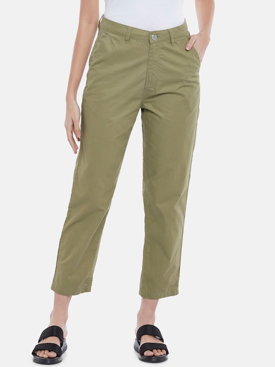 Pantaloons Women Olive Green Regular Fit Pure Cotton Trousers