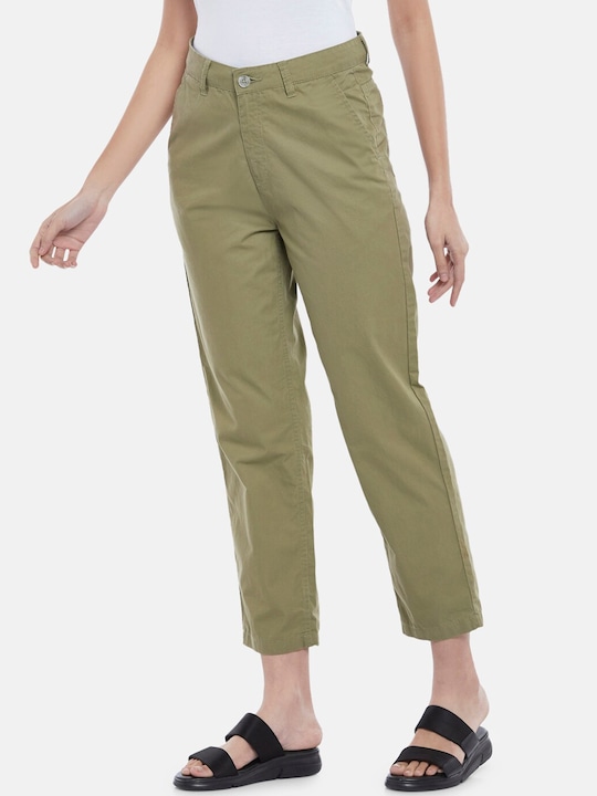 Pantaloons Women Olive Green Regular Fit Pure Cotton Trousers