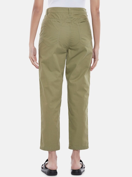 Pantaloons Women Olive Green Regular Fit Pure Cotton Trousers