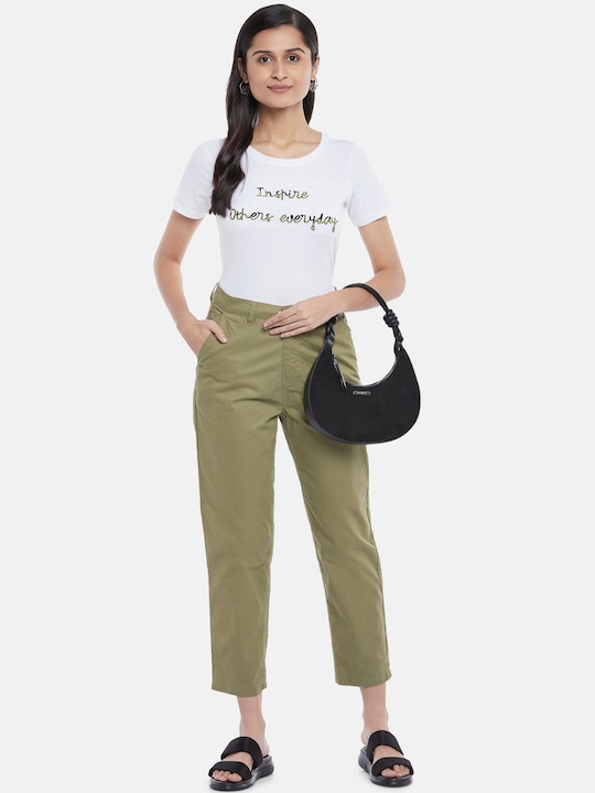 Pantaloons Women Olive Green Regular Fit Pure Cotton Trousers