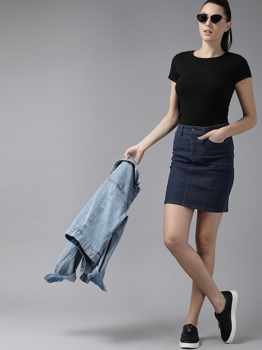 Roadster Navy Blue Denim Straight Skirt