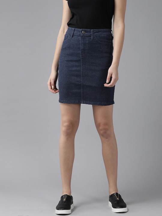 Roadster Navy Blue Denim Straight Skirt