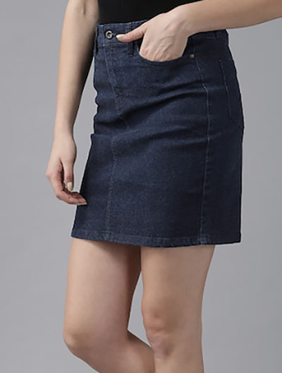 Roadster Navy Blue Denim Straight Skirt