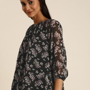 all about you Floral Print Dobby Weave Cuffed Sleeve Regular Top