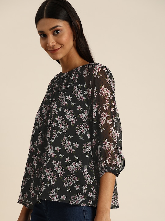 all about you Floral Print Dobby Weave Cuffed Sleeve Regular Top