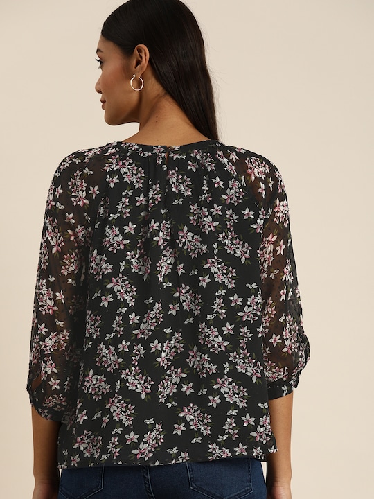 all about you Floral Print Dobby Weave Cuffed Sleeve Regular Top