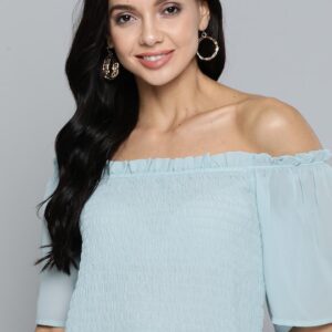 HERE&NOW Solid Off-Shoulder Smocked Bardot Top