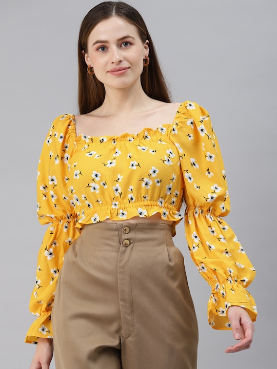 plusS Yellow Floral Regular Crop Top