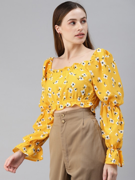 plusS Yellow Floral Regular Crop Top