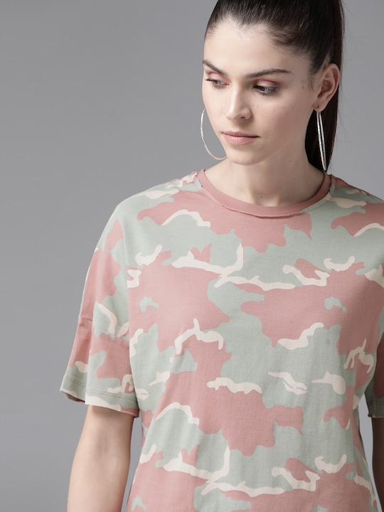 Roadster Women Camouflage Print Round Neck Pure Cotton T-shirt