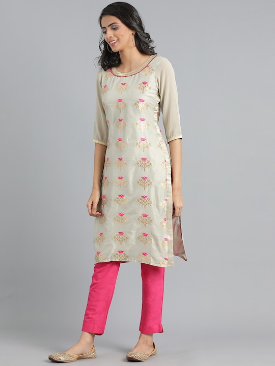 WISHFUL Women  Woven Design Jacquard Straight Kurta