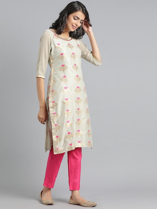 WISHFUL Women  Woven Design Jacquard Straight Kurta