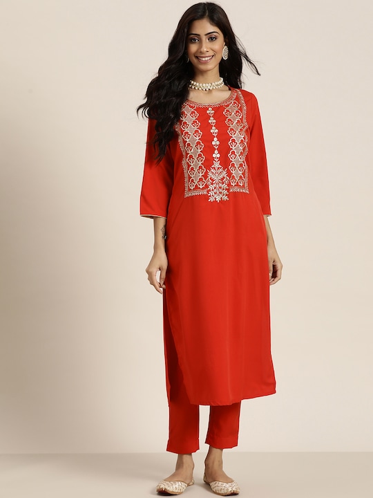 Sangria Women Golden Ethnic Motifs Yoke Design Kurta with Trousers