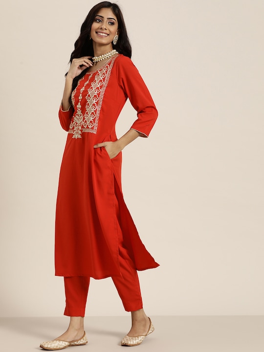 Sangria Women Golden Ethnic Motifs Yoke Design Kurta with Trousers