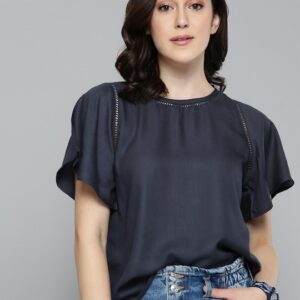 Harvard Navy Blue Flared Sleeves Regular Top