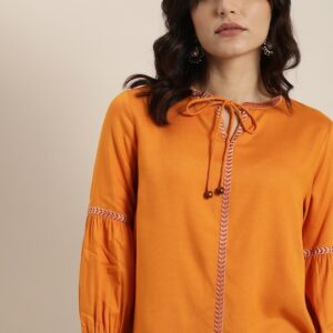 all about you Embroidered Tie-Up Neck Blouson Top