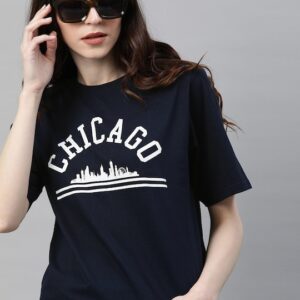 DILLINGER Women Printed Round Neck Oversized Pure Cotton T-shirt