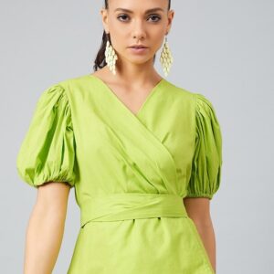 Athena Knotted Wrap Top With Puffed Sleeves