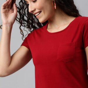 Mast & Harbour Women Solid Round Neck T-shirt With Chest Pocket