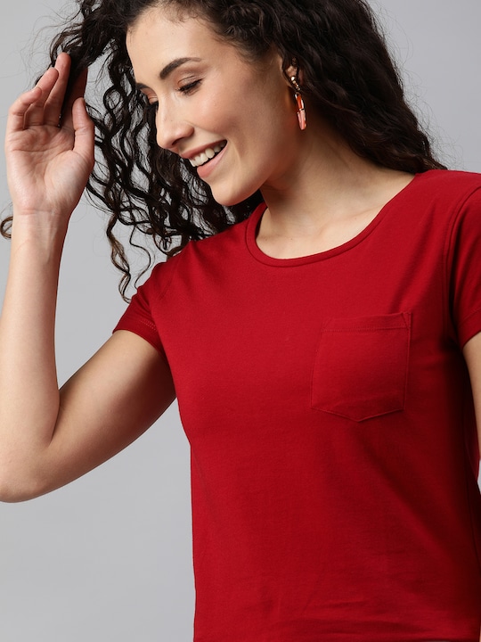 Mast & Harbour Women Solid Round Neck T-shirt With Chest Pocket