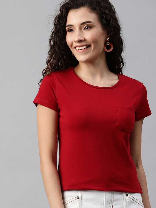 Mast & Harbour Women Solid Round Neck T-shirt With Chest Pocket