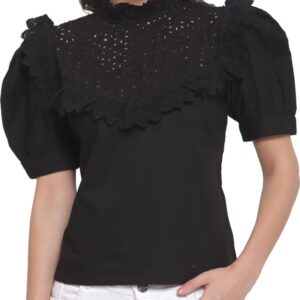 PLUSS Casual Regular Sleeves Self Design Women Black Top