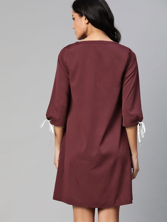 Harvard Maroon Solid Puff Sleeves A-Line Dress