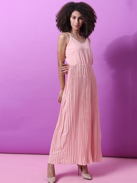 Campus Sutra Pink Accordion Pleated Maxi Dress