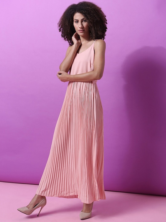 Campus Sutra Pink Accordion Pleated Maxi Dress