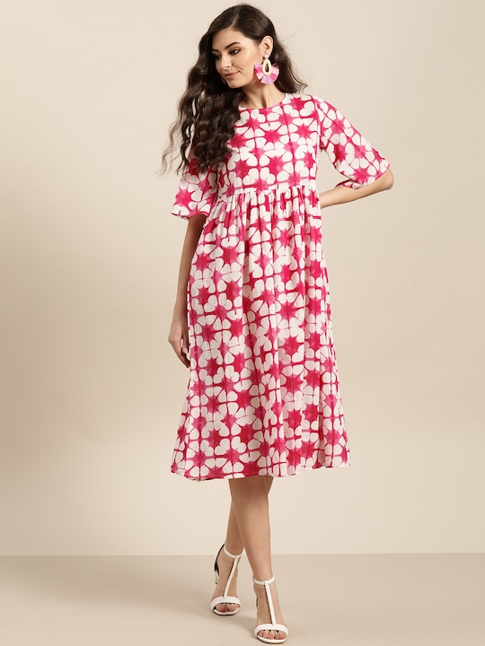 Sangria Floral Printed Cotton A-Line Dress