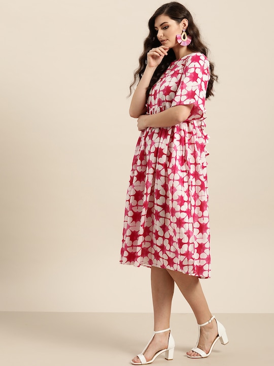 Sangria Floral Printed Cotton A-Line Dress