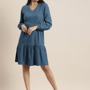 all about you Women Solid Tiered Denim Dress