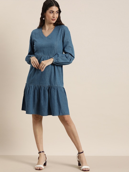 all about you Women Solid Tiered Denim Dress