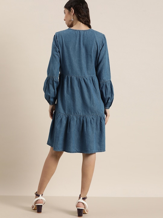 all about you Women Solid Tiered Denim Dress