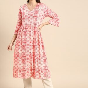 Anouk Women Floral Printed Bell Sleeves Block Print Anarkali Kurta