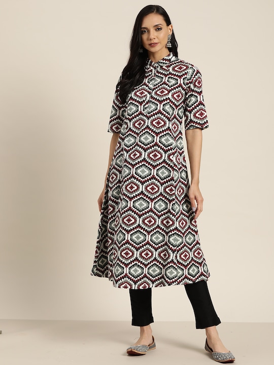 Sangria Women Pure Cotton Printed Panelled A-Line Kurta