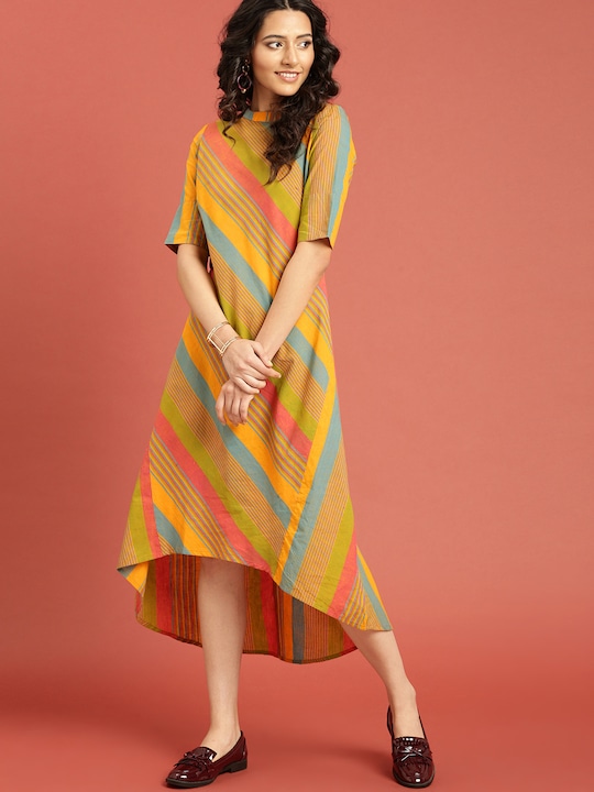 Taavi Multicoloured Striped A-Line Cotton Sustainable Dress