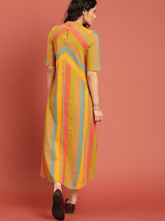 Taavi Multicoloured Striped A-Line Cotton Sustainable Dress