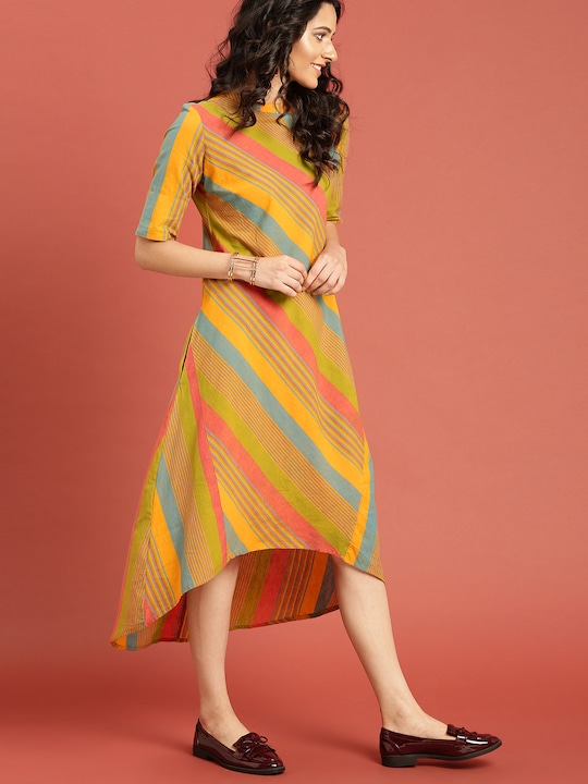 Taavi Multicoloured Striped A-Line Cotton Sustainable Dress