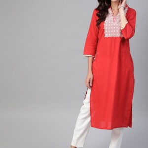 HERE&NOW Women Geometric Yoke Design Pure Cotton Mirror Work Kurta