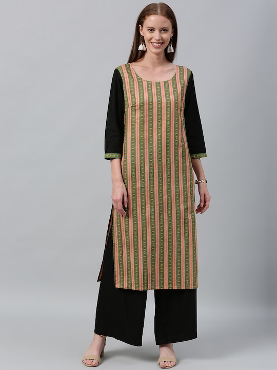 Anouk Women Striped Straight Kurta with Contrast Sleeves